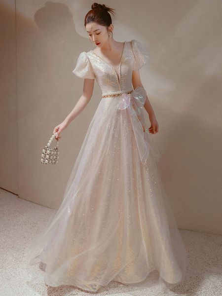 

a-line white prom dresses puff sleeve pearl v neck bow shiny beading lace up long elegant female formal banquet evening gown new, Black