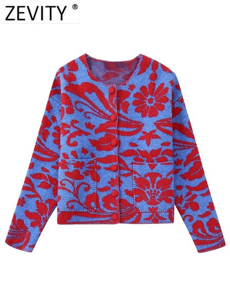 

women's knits tees zevity women vintage o neck flower jacquard knitting sweater female chic long sleeve double pockets cardigan coats, White