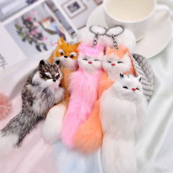 

keychains fluffy animal cartoon fox keychain cute pendant car key ring chains holder bag purse ornament women jewelry charm keyring l230314, Silver