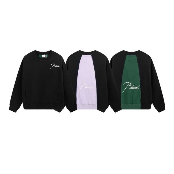 

f068 men's and women's high street hoodies sweatshirt fashion brand rhude los angeles cut stitching embroidered round neck terry s, Black