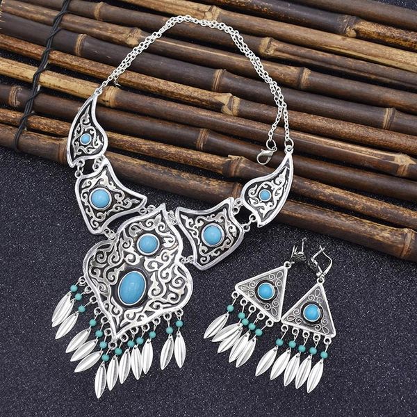 

wedding jewelry sets bohemian vintage blue acrylic stone beads tassel choker necklace earrings for women india gypsy boho african ethnic jew, Slivery;golden