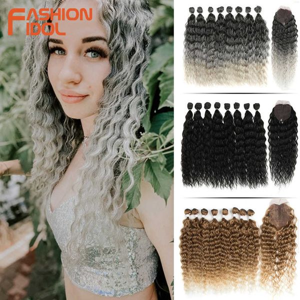 

synthetic wigs fashion idol water wave fake hair bundles with closure 20inch weave synthetic ombre silver grey curly fiber 230227, Black