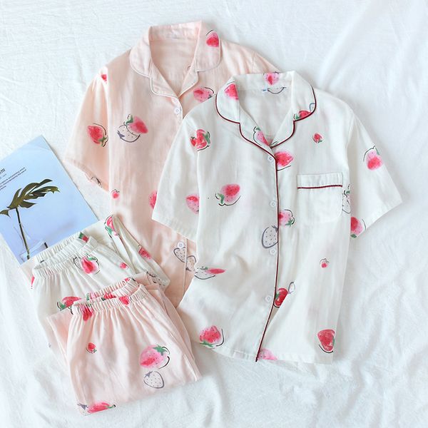 

women's sleepwear japanese style simple short women female 100% cotton gauze short sleeve trousers ladies pajamas suit cute pajamas set, Black;red