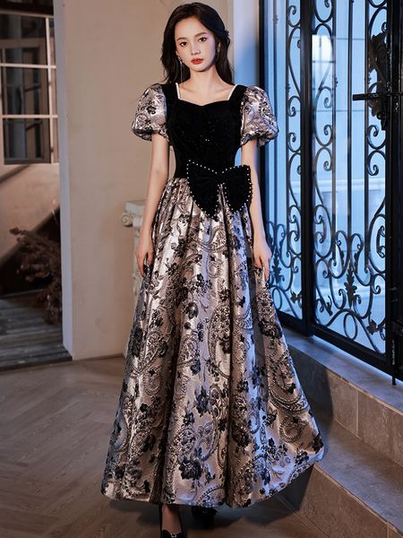 

contrast prom dresses square collar pearl a-line bow jacquard print puff sleeve lace up long evening celebrity gowns woman, Black