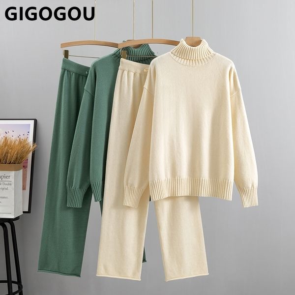 

women's two piece pants gigogou autumn winter women turtleneck sweater suit fashion knit loose pant set soft warm lady oversized tracks, White