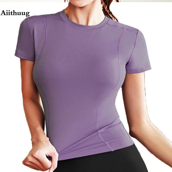 

women's t-shirt aiithuug short sleeve yoga shirts running shirt gym workout quick dry soft compress sports t shirt simple elastic crop, White