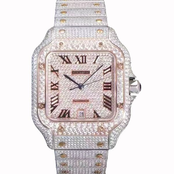 

bust down men's iced diamonds watches big zircon bezel watch silver diamond face full diamond strap automatic mechanical wristwatch moi, Slivery;brown