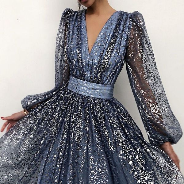 

party dresses women's evening sequins dress mesh tulle v neck long sleeve dots elegant female dress banquet party vintage solid long dr, White;black