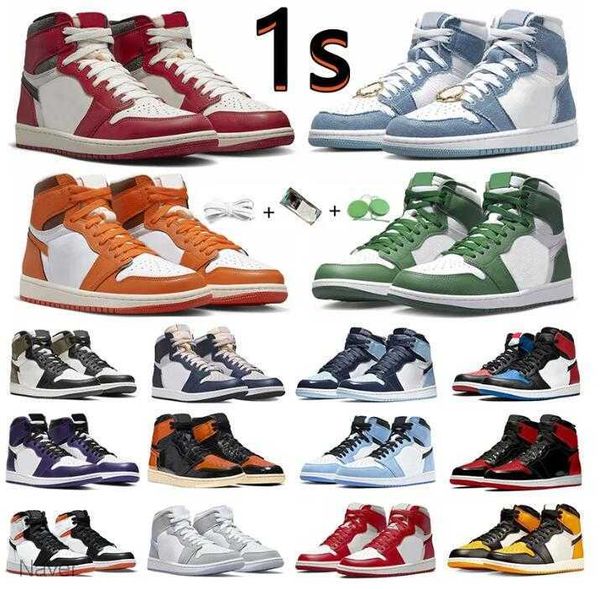 

jumpman 1 1s high og mens basketball shoes lost found gorge green starfish bred patent dark mocha grey fog denim university blue shadow men, Black