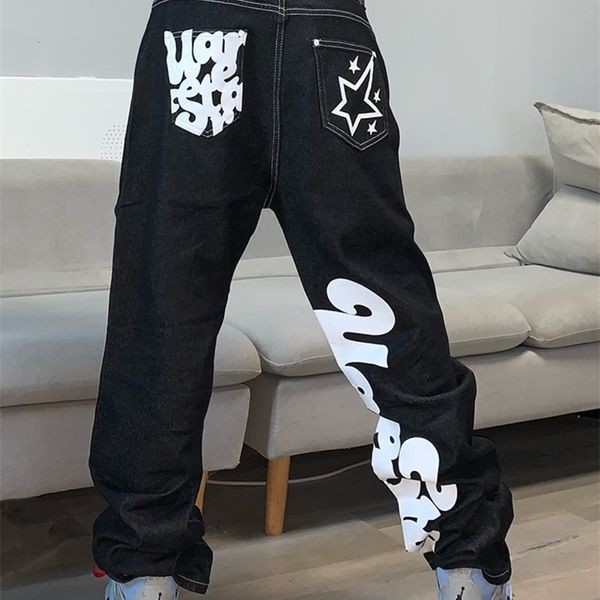 

men s jeans 2023 letter print baggy y2k men high street vintage hip hop waisted casual straight wide leg women pants 230313, Blue