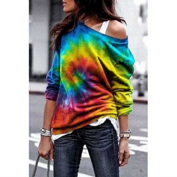 

womens hoodies sweatshirts rainbow tiedye print fashion personality autumn one shoulder off long sleeve women 230314, Black