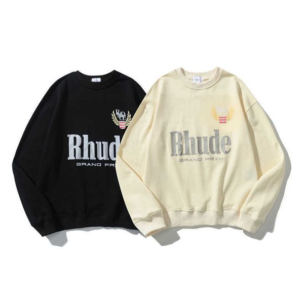 

rll7 men's and women's high street hoodies sweatshirt fashion brand rhude definition wheat ear letter printing loose round neck ca, Black