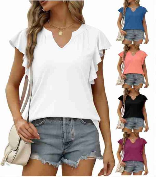 

large women's solid v-neck pleated sleeve casual t-shirt, Black