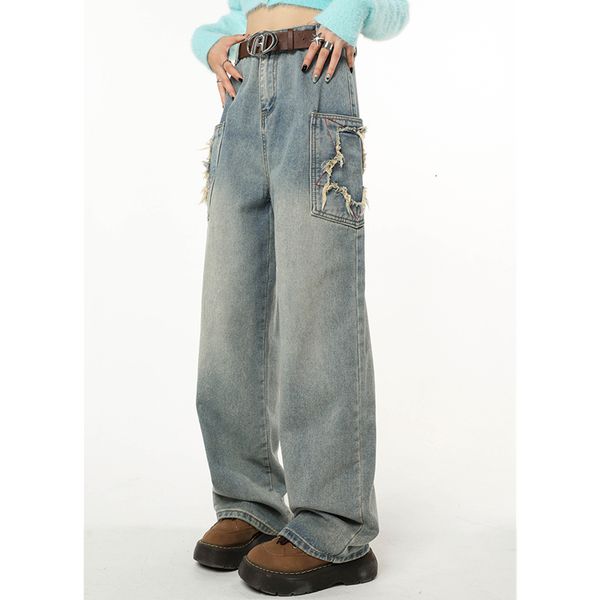 

women's jeans vintage blue high waist women jeans american fashion streetwear wide leg jean female winter trouser straight baggy denim