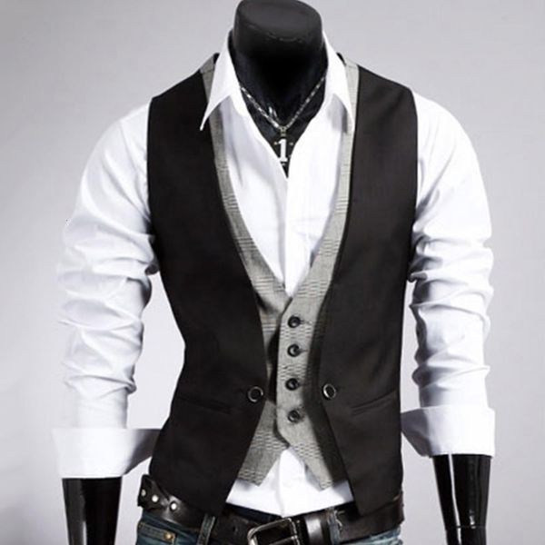 

mens vests drop men fake twopieces v neck sleeveless button pocket slim fit waistcoat jacket 230313, Black;white