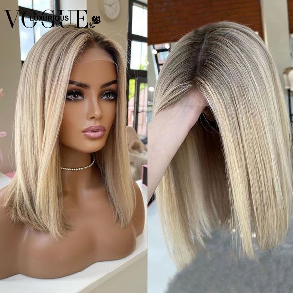 

synthetic wigs ombre ash blonde glueless full lace human hair 13x6 short bob front preplucked 613 frontal 230314, Black
