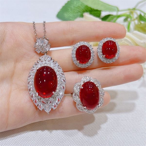 

wedding jewelry sets foydjew luxury simulation ruby jewelry sets for women exaggerated big red stone pendant necklaces stud earrings rings 2, Slivery;golden
