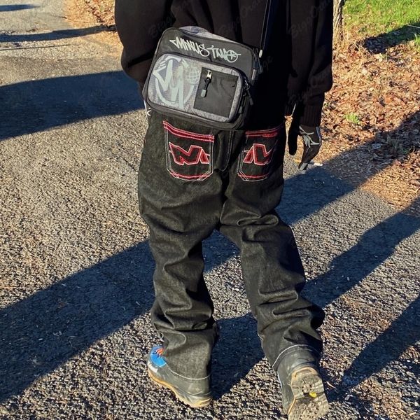 

men s jeans  letter embroidered multi pocket street vintage jeans loose straight pants wide leg men and women couple low rise 230313, Blue