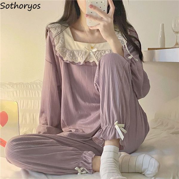 

women's sleepwear women pajama sets autumn lace square collar sleepwear princess long sleeve ruffles pyjamas lounge student sweet outwe, Black;red