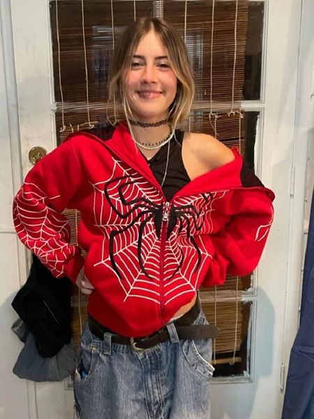 

womens hoodies sweatshirts y2k emo women streetwear hoodie spider web red zip up grunge oversized sweatshirt gothic harajuku alt jackets clo, Black