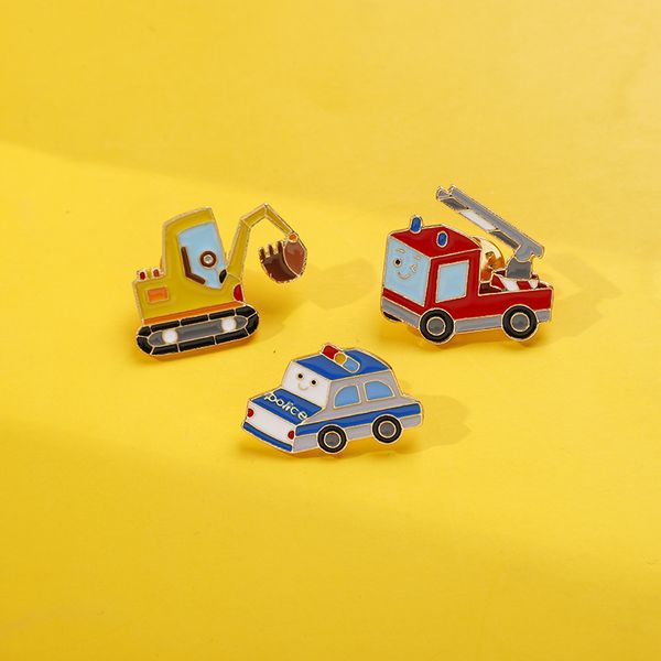

cartoon alloy car brooches 3pcs set excavating machinery patrol wagon fire engine enamel paint badges for children pin jewelry children toy, Gray