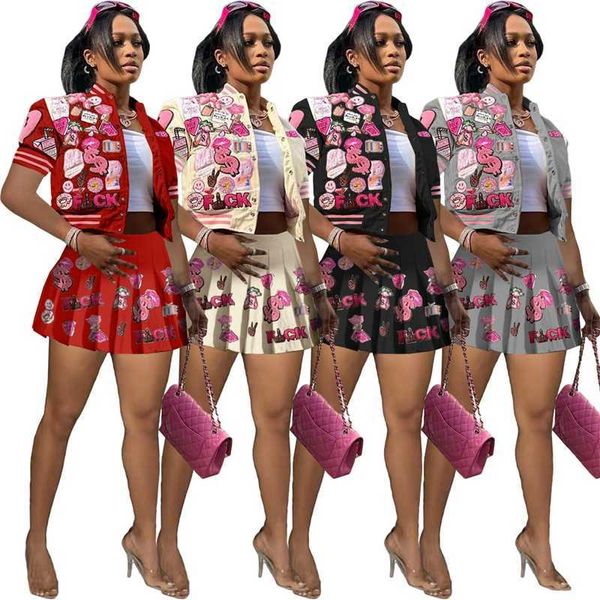 

2023 designer summer women baseball tracksuits two piece varsity suit fashion printed bomber jackets pleated skirt outfits, Gray