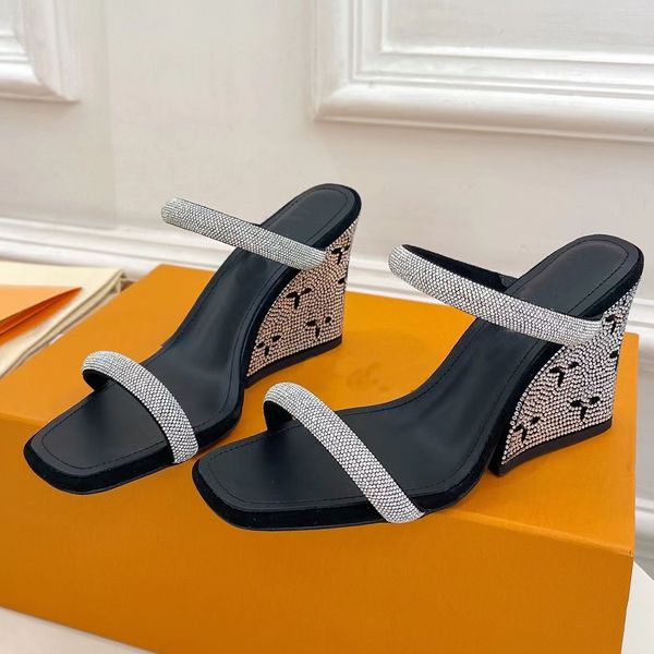 

designer sandals women slope heel with open toe 8.5cm wedge slippers fashion party rhinestone buckle ankle strap casual square toe factory s, Black