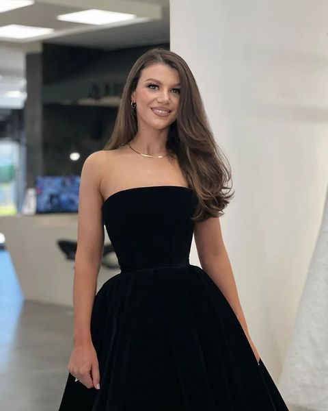 

strappless backless prom dresses simple tea length short black evening dress formal party gowns homecoming dress
