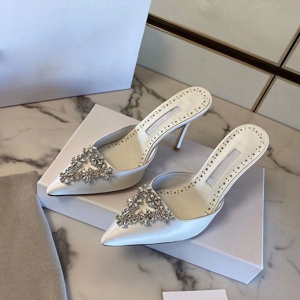 

new crystal-embellished glass real silk mules slippers slip on pointed toe heels pedestal high-heeled luxury designers stiletto slipper for, Black