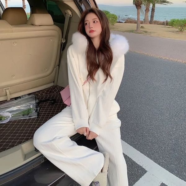 

women's two piece pants spring autumn womens clothing small fragrance fashion casual sportswear suit hooded woolen collar hoodie two-pi, White