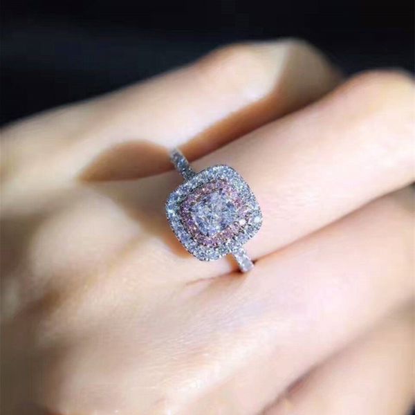 

brand jewelry 925 sterling silver ring round-cut 2ct diamond pink 2 surround pave setting cz wedding band rings for women two styles size 4-, Slivery;golden