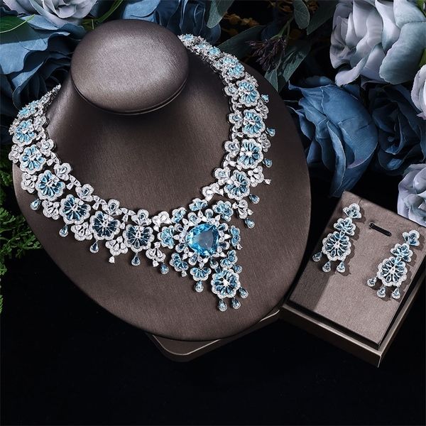 

wedding jewelry sets blue crystal 2 pieces super luxury cubic zirconia party dress nigeria dubai bridal set 230313, Slivery;golden