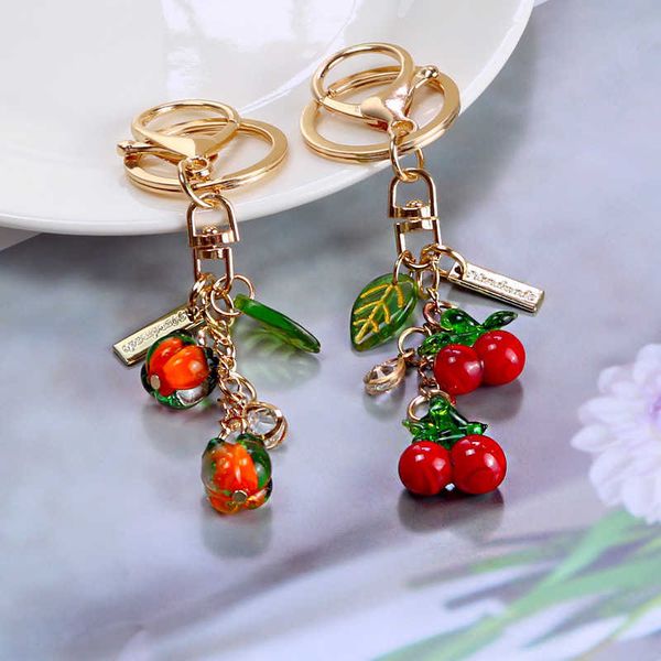

keychains cute cherry fruits keychain llavero auto jer diy jewelry accessories couple alloy leaf pendant charm kids gift phone charm l230314, Silver
