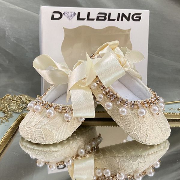

first walkers handmade vintage lace baby girl ballet crib shoes luxury infant pearls dress baptism gown outfit shoes with headband 230313