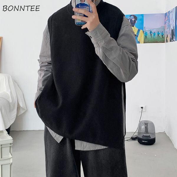 

men s vests sweater vest men solid round neck side slit designed fashion simple sleeveless sweaters korean style streetwear preppy 230313, Black;white