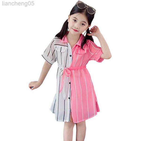 

girl's dresses girls summer dress striped blouse dress for girl patchwork kid shirt dress teenage school come for girls w0314, Red;yellow