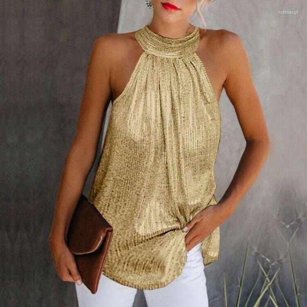 

women's blouses women gold blouse 2023 fashion high neck sleeveless hatler tank vest summer casual loose shisummer female, White