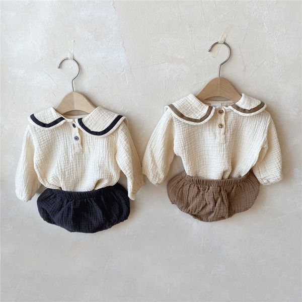 

clothing sets spring summer romper baby boy girl clothes set 0-24m cotton linen lapel navy style long sleeve shorts children l230314, White