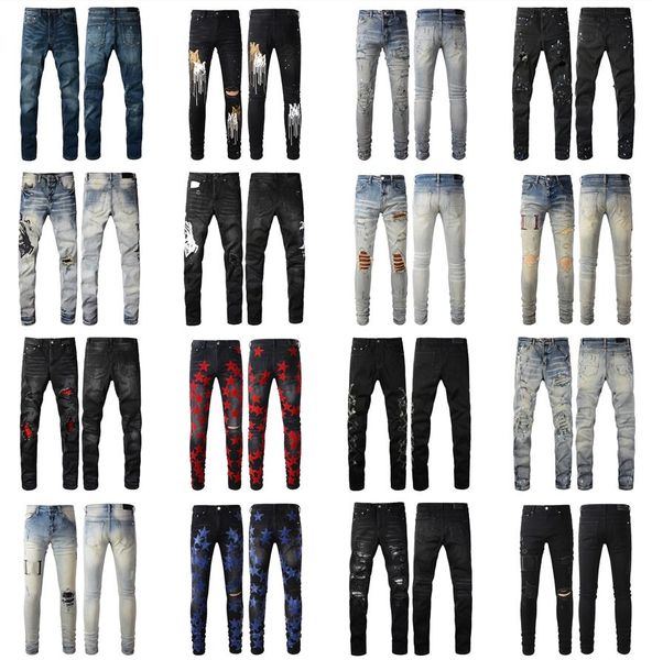 

mens jeans distressed motorcycle biker motorcycle biker stretch jean rock skinny slim ripped hole letter brand denim pants, Blue