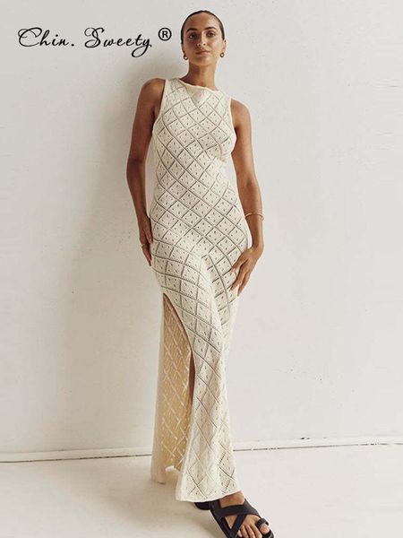 

party dresses women midi dress summer beach knitted elegant sleeveless female side slit dresses mesh hollow vacation lady long robe 230314, White;black