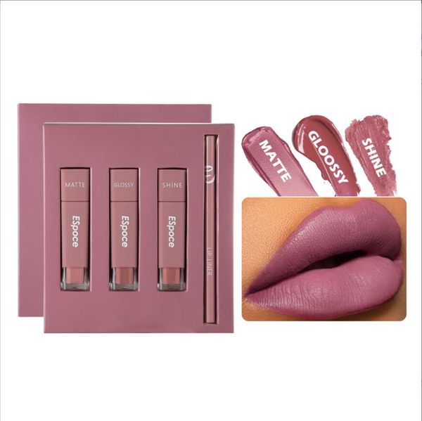 

espoce lip gloss and lip liner set 4 pcs matte glossy shiny lipgloss and lipliner kits non-sticky waterproof long lasting stone 0.5 fl oz