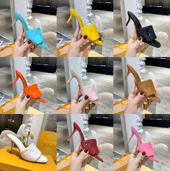 

5cm 23ss revival mule slippers padded heels sandals monograms embossed sandal women pump 2023 summer stilettos solid black real leather sl