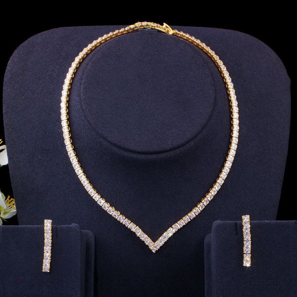 

wedding jewelry sets cwwzircons very shiny cubic zirconia pave yellow gold color women party choker necklace and earring brides jewelry set, Slivery;golden
