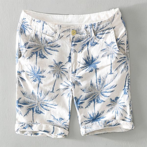 

men's shorts summer men hip hop 100% linen hawaii tree printed mid waist holiday beach soft breathable streetwear 230314, White;black