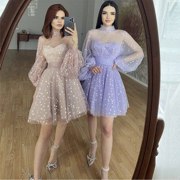 

party dresses soft tulle homecoming dresses high collar sheer long sleeves graduation party women wear cocktail short prom gowns 230314, White;black