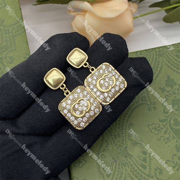 

new square diamond stud earrings crystal letter designer eardrops rhinestone dangler with box, Golden;silver