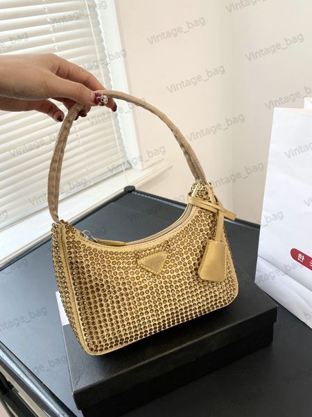 

satin mini-bag with crystals women hobo underarm bag triangle logo crescent half moon bag rhinestone handbag handle zipper stylish