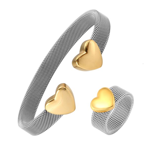 

wedding jewelry sets heart bracelets cuff mesh adjustable opening bangle heart love mesh rings for women men lover couple wedding trendy jew, Slivery;golden