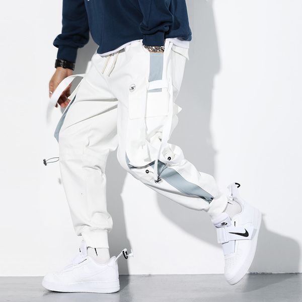 

men's pants ribbons cargo casual men techwear joggers trousers streetwear ankle-length elastic waist black hip hop ankle-tied 230313