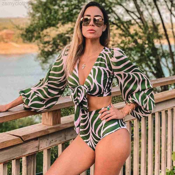 

women's swimwear 2022 leaves printed bikini women swimwear long sleeve swimsuit high waist biquini bathing suit beach wear summer, White;black